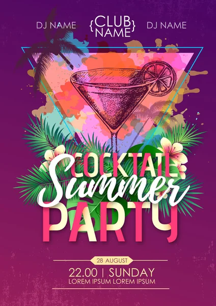 Καλοκαίρι παραλία πάρτυ ντίσκο αφίσα με κοκτέιλ και τροπικά φύλλα — Διανυσματικό Αρχείο