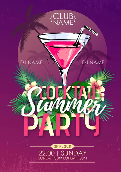 Summer beach party affiche disco avec cocktail et feuilles tropiques — Image vectorielle