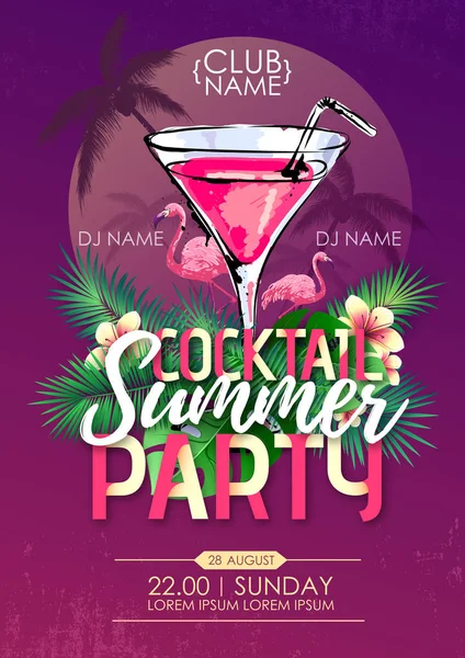 Summer beach party disco poster with cocktail and tropic leaves — Stock Vector