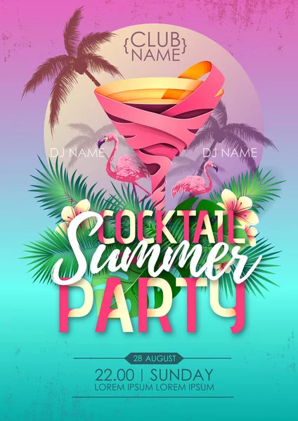 Festa estiva in spiaggia discoteca poster con cocktail e foglie tropicali — Vettoriale Stock