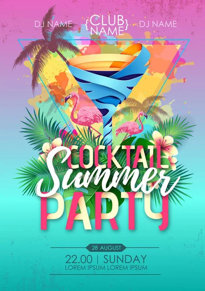 Cartel discoteca fiesta de playa de verano con cóctel y hojas tropicales — Archivo Imágenes Vectoriales