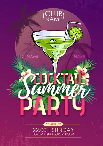 Summer beach party disco poster with cocktail and tropic leaves — Stock Vector
