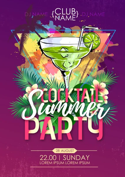 Καλοκαίρι παραλία πάρτυ ντίσκο αφίσα με κοκτέιλ και τροπικά φύλλα — Διανυσματικό Αρχείο