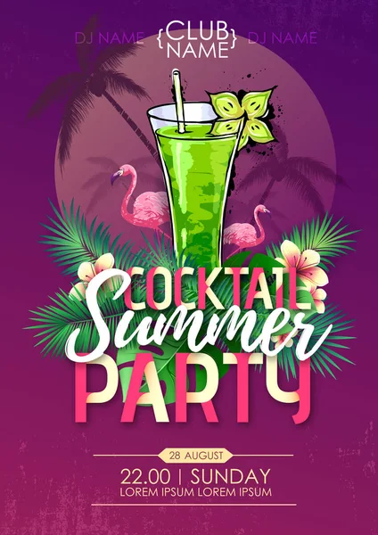 Praia de verão festa disco cartaz com coquetel e folhas trópicas — Vetor de Stock