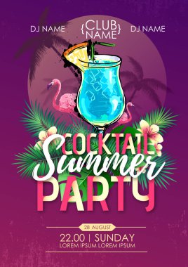 Kokteyl ve tropik yaprakları ile Yaz plaj parti disko posteri