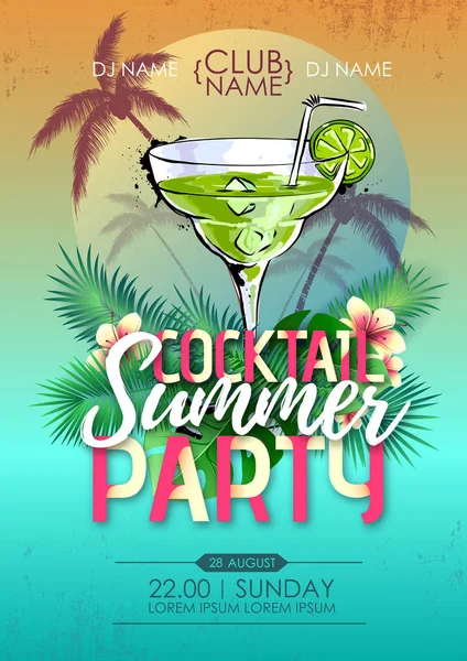 Summer Beach Party Disco affisch med cocktail och Tropic löv — Stock vektor