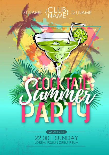 Festa estiva in spiaggia discoteca poster con cocktail e foglie tropicali — Vettoriale Stock