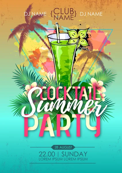 Cartel discoteca fiesta de playa de verano con cóctel y hojas tropicales — Archivo Imágenes Vectoriales