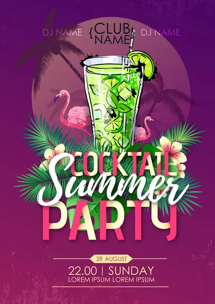 Summer beach party affiche disco avec cocktail et feuilles tropiques — Image vectorielle