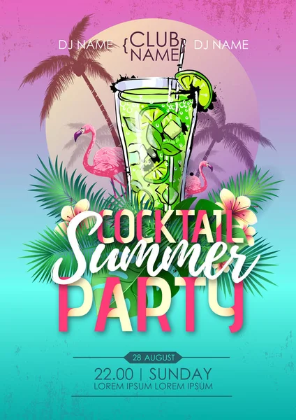 Summer beach party affiche disco avec cocktail et feuilles tropiques — Image vectorielle