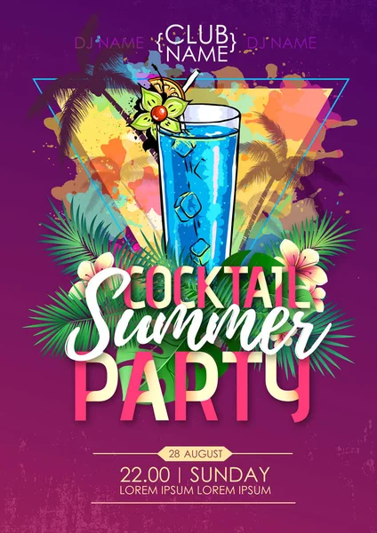 Cartel discoteca fiesta de playa de verano con cóctel y hojas tropicales — Vector de stock