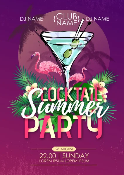 Cartel discoteca fiesta de playa de verano con cóctel y hojas tropicales — Archivo Imágenes Vectoriales
