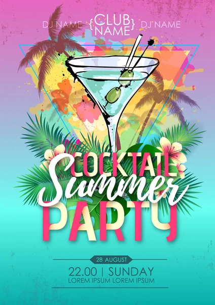 Summer Beach Party Disco affisch med cocktail och Tropic löv — Stock vektor