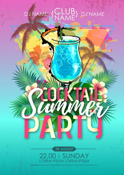 Kokteyl ve tropik yaprakları ile Yaz plaj parti disko posteri