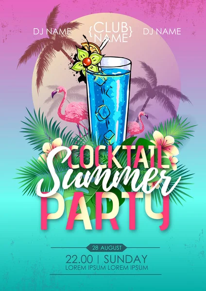 Cartel discoteca fiesta de playa de verano con cóctel y hojas tropicales — Vector de stock