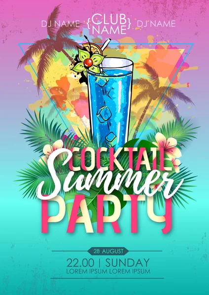 Summer beach party affiche disco avec cocktail et feuilles tropiques — Image vectorielle