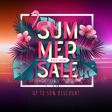 Flamingo ve tropik yaprakları ile Yaz büyük satış tipografi posteri. Doğa kavramı