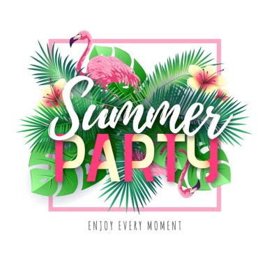 Flamingo ve tropik yaprakları ile Yaz plaj parti tipografi posteri