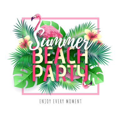 Flamingo ve tropik yaprakları ile Yaz plaj parti tipografi posteri