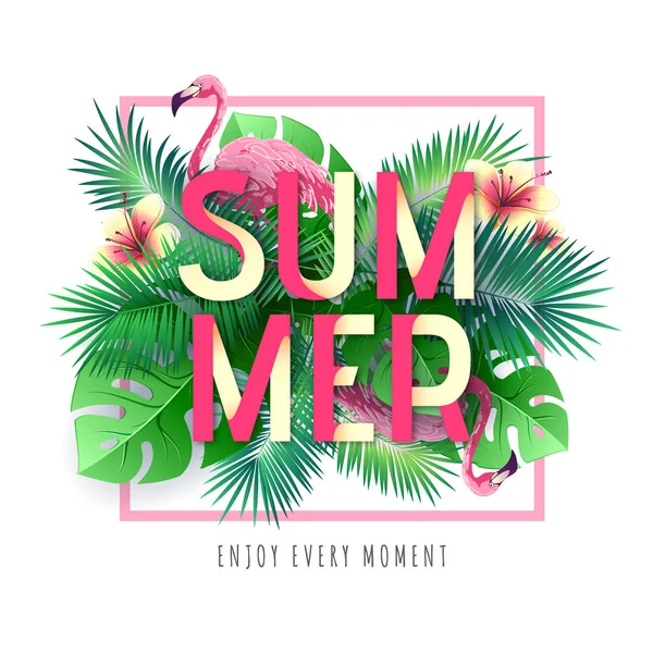 Affiche de typographie de fête d'été avec flamant rose et feuilles tropiques. Concept de nature . — Image vectorielle