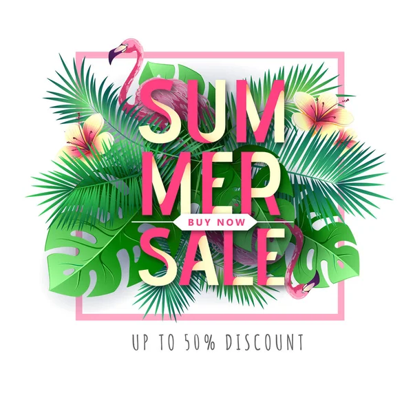 Summer big sale typography poster with flamingo and tropic leaves. Nature concept — Stock Vector