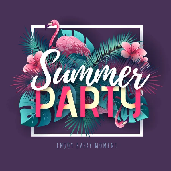 Summer beach party typography poster with flamingo and tropic leaves — Stock Vector