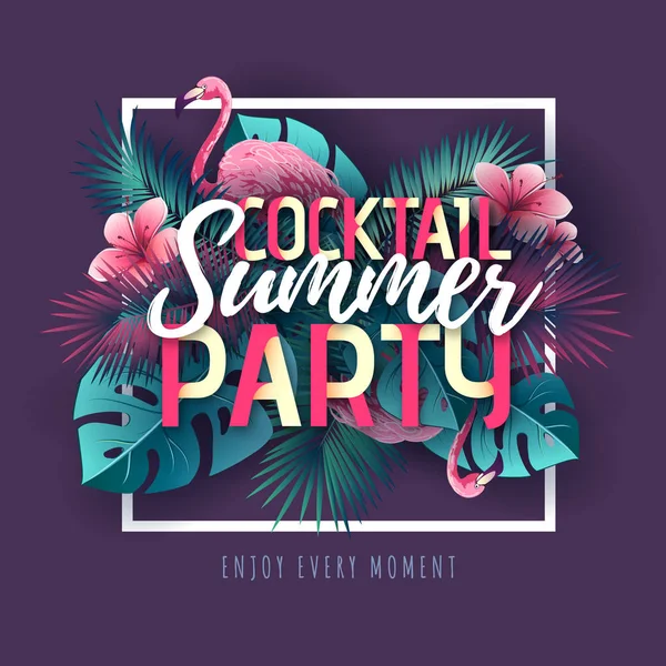 Summer cocktail party typography poster with flamingo and tropic leaves — Stock Vector