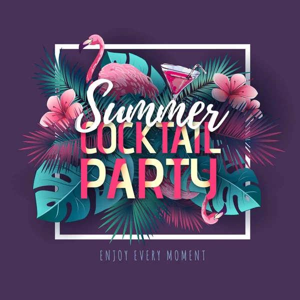 Cartaz de tipografia de festa de verão com flamingo e folhas trópicas — Vetor de Stock