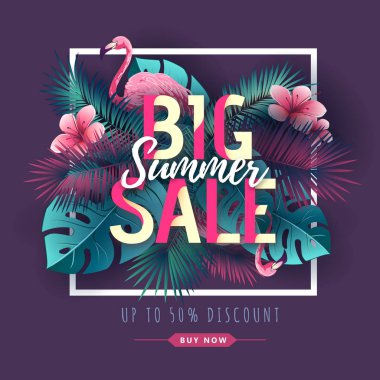 Flamingo ve tropik yaprakları ile Yaz büyük satış tipografi posteri. Doğa kavramı