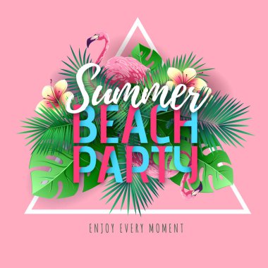 Flamingo ve tropik yaprakları ile Yaz plaj parti tipografi posteri