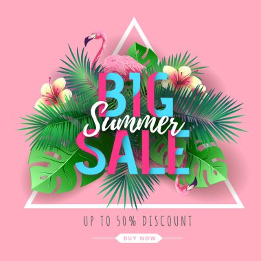 Flamingo ve tropik yaprakları ile Yaz büyük satış tipografi posteri. Doğa kavramı