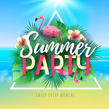 Flamingo ve tropik yaprakları ile Yaz plaj parti tipografi posteri