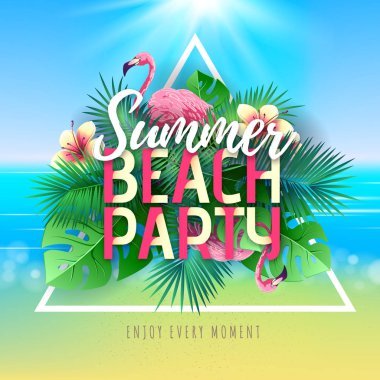 Flamingo ve tropik yaprakları ile Yaz kokteyl parti tipografi posteri