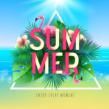 Flamingo ve tropik yaprakları ile yaz parti tipografi posteri. Doğa kavramı