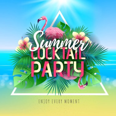 Flamingo ve tropik yaprakları ile Yaz kokteyl parti tipografi posteri