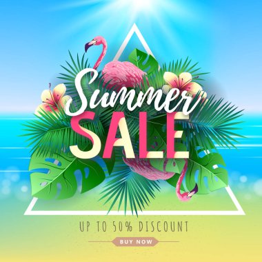 Flamingo ve tropik yaprakları ile Yaz büyük satış tipografi posteri. Doğa kavramı