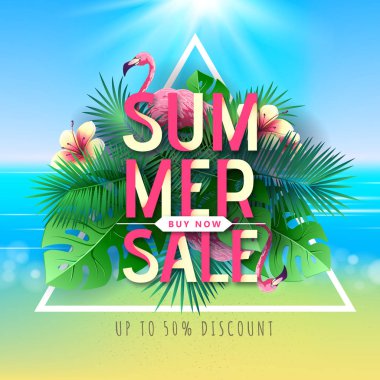 Flamingo ve tropik yaprakları ile Yaz büyük satış tipografi posteri. Doğa kavramı