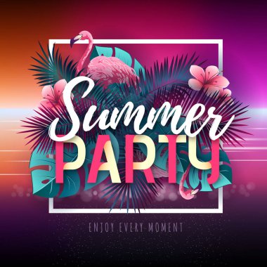 Flamingo ve tropik yaprakları ile Yaz plaj parti tipografi posteri