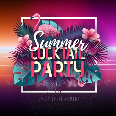 Flamingo ve tropik yaprakları ile Yaz kokteyl parti tipografi posteri