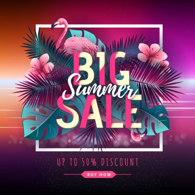 Flamingo ve tropik yaprakları ile Yaz büyük satış tipografi posteri. Doğa kavramı