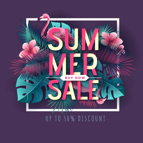 Summer big sale typography poster with flamingo and tropic leaves. Nature concept — Stock Vector