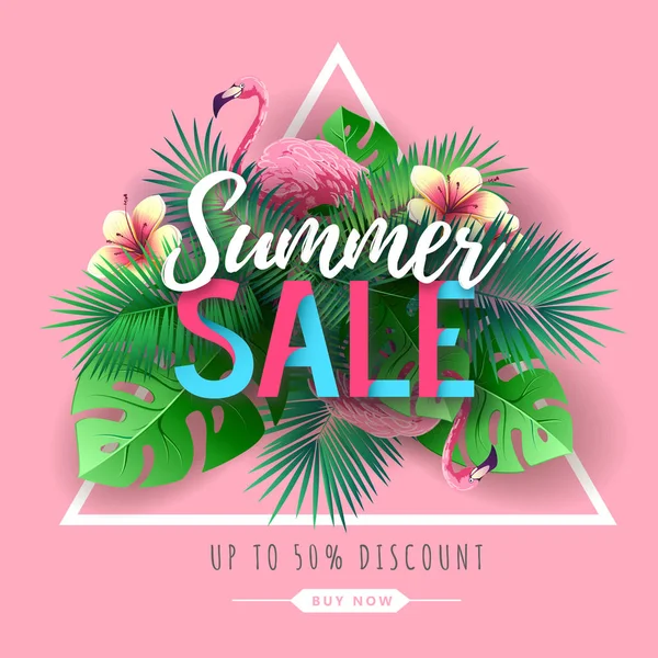 Summer big sale typography poster with flamingo and tropic leaves. Nature concept — Stock Vector