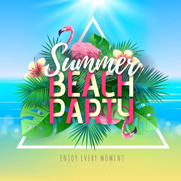 Flamingo ve tropik yaprakları ile Yaz kokteyl parti tipografi posteri