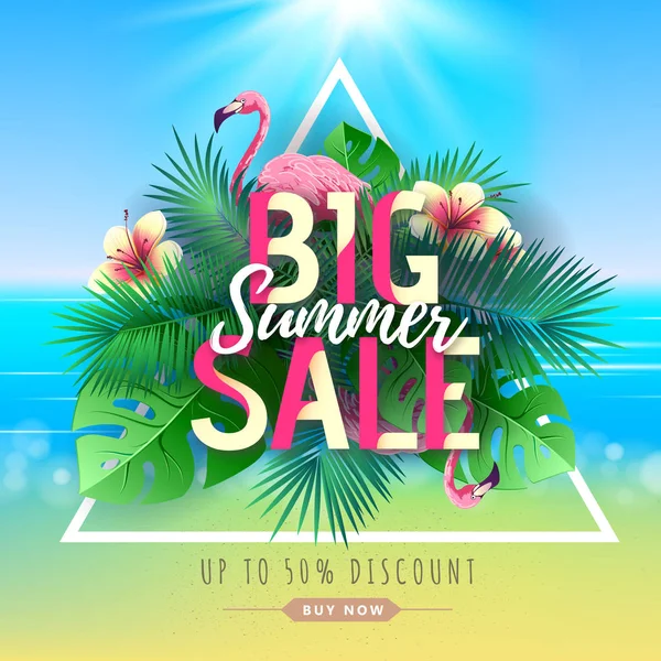 Flamingo ve tropik yaprakları ile Yaz büyük satış tipografi posteri. Doğa kavramı