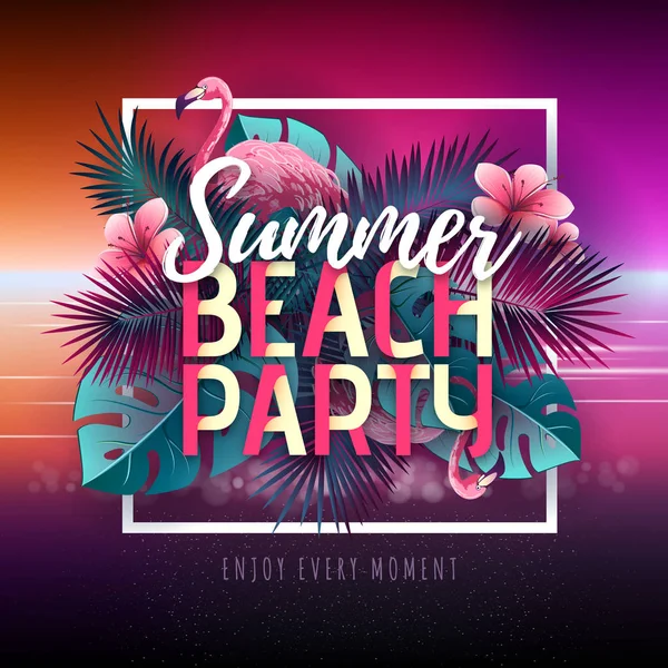Festa estiva in spiaggia tipografia poster con fenicottero e foglie tropicali — Vettoriale Stock