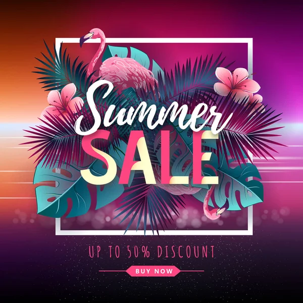 Summer big sale typography poster with flamingo and tropic leaves. Nature concept — Stock Vector