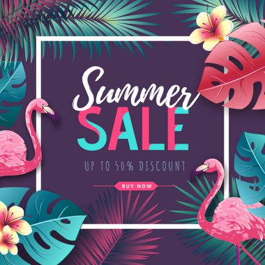 Flamingo ve tropik yaprakları ile Yaz büyük satış tipografi posteri. Doğa kavramı