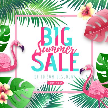 Flamingo ve tropik yaprakları ile Yaz büyük satış tipografi posteri. Doğa kavramı