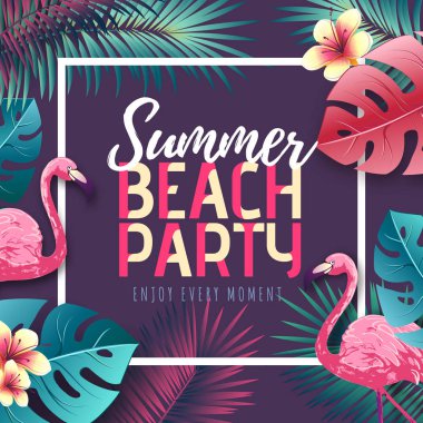 Flamingo ve tropik yaprakları ile Yaz plaj parti tipografi posteri