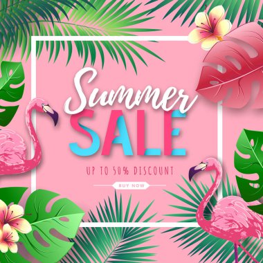 Flamingo ve tropik yaprakları ile Yaz büyük satış tipografi posteri. Doğa kavramı